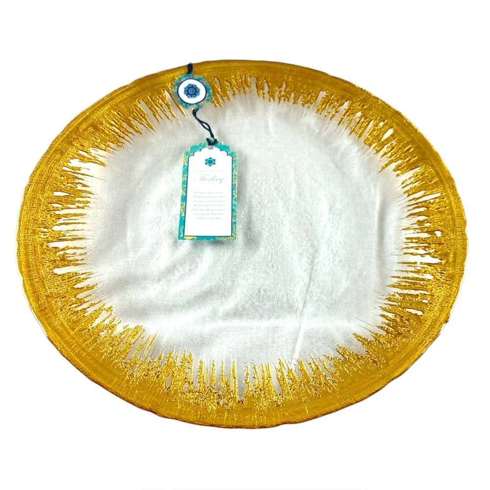 Set of 4 Handcrafted Turkish Glass Dinner Plates‎ Clear Gold Gilded Edge 11” NWT